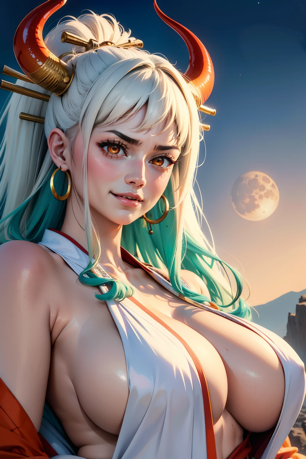 ultra realistic 8k cg, masterpiece, ((ultra detailed background, delicate pattern, intricate detail)), (highly detailed, fine details), best quality, (photorealistic:1.4),beautiful lighting,  absurdres, RAW photo, film grain, ((Big breasts, Masculine girl)), Yamato, long hair, 1girl, horns, white hair, solo, oni, red horns, curled horns, hair ornament, (multicolored horns), jewelry, earrings, japanese clothes, kimono, hair stick, sleeveless, bare shoulders, aqua hair, sidelocks, hoop earrings, hakama, smile, wide smile, ((orange eyes, Masculine girl, Big breasts)), (complex detailed background, barren land, moon, portrait, close-up),