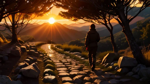 figura principal: (A person (standing backwards) walking with determination, overcoming visible obstacles on the way (like fallen stones and branches). scenario: A winding and challenging mountain path at dawn, with the sun rising over the horizon.
Efeitos: Soft lighting highlighting the main figure and the path, with a soft glow around the rising sun to symbolize hope and new beginnings.