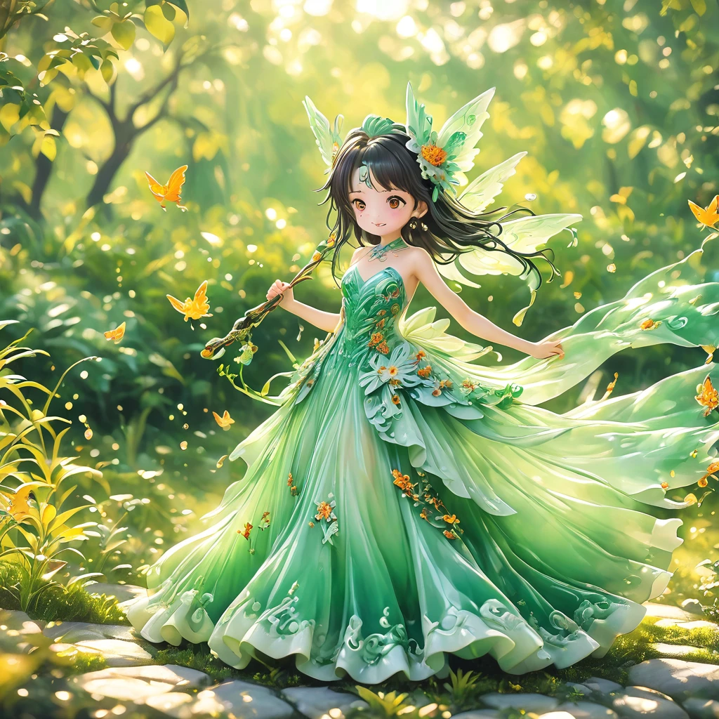 best quality, very good, 16K, ridiculous, Very detailed, charming((( Evening dress 1.3)))wing，Made of translucent jadeite, Background grassland（（A masterpiece full of fantasy elements）））， （（best quality））， （（Intricate details））（8K）