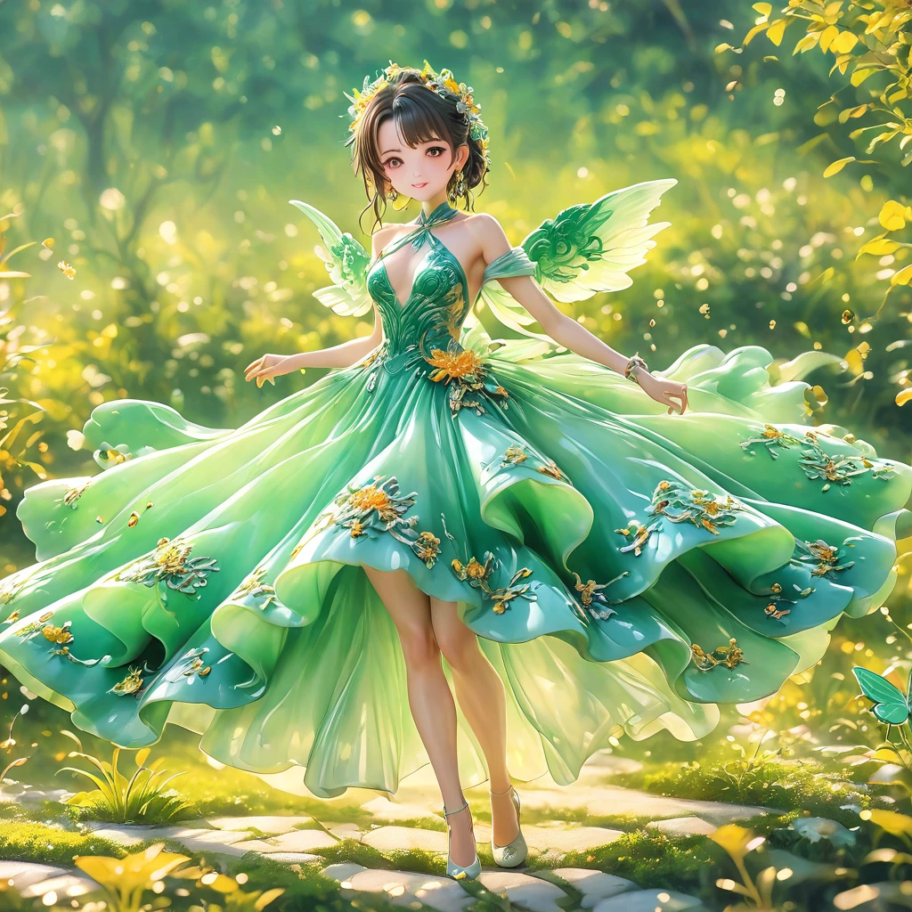 best quality, very good, 16K, ridiculous, Very detailed, charming((( Evening dress 1.3)))wing，Made of translucent jadeite, Background grassland（（A masterpiece full of fantasy elements）））， （（best quality））， （（Intricate details））（8K）