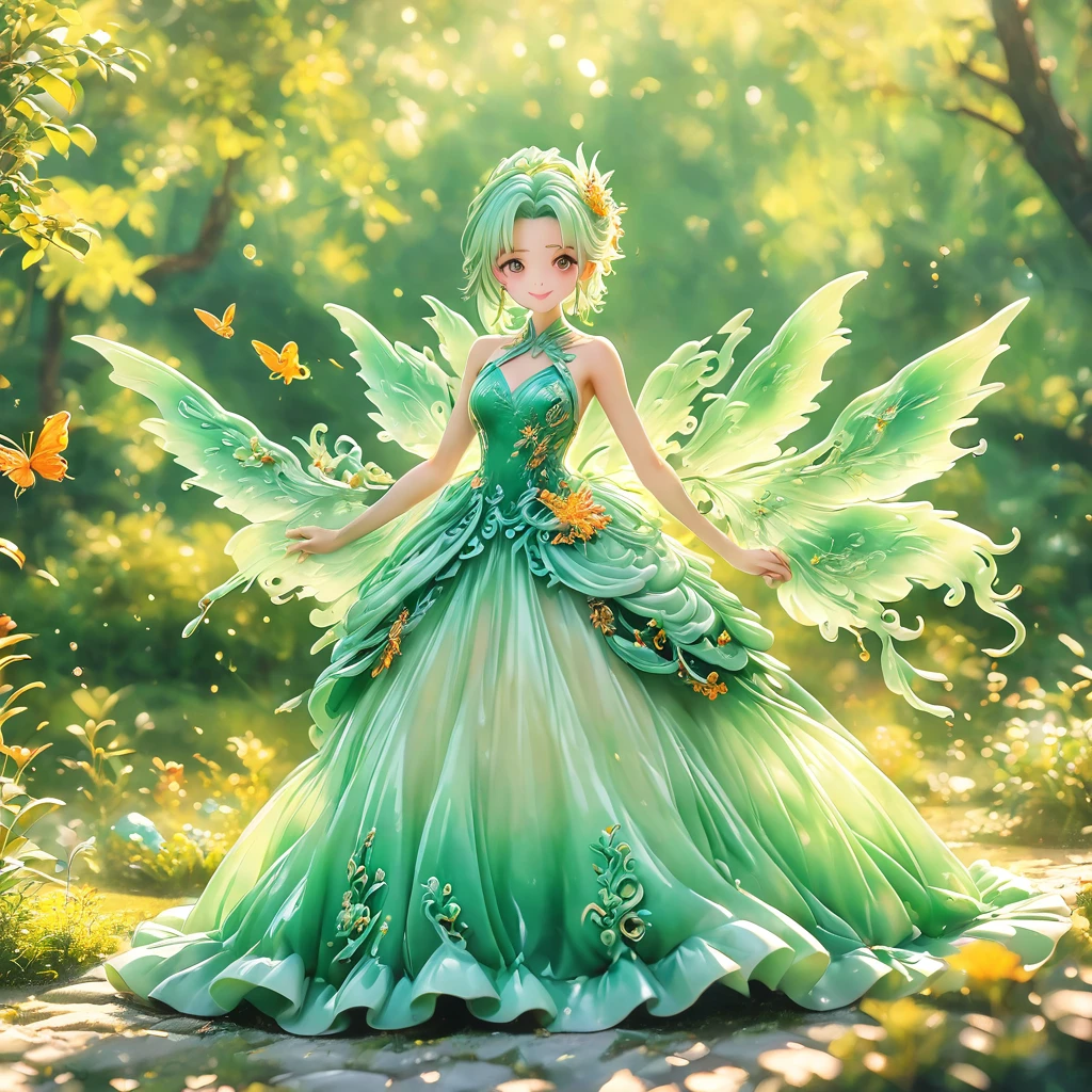 best quality, very good, 16K, ridiculous, Very detailed, charming((( Evening dress 1.3)))wing，Made of translucent jadeite, Background grassland（（A masterpiece full of fantasy elements）））， （（best quality））， （（Intricate details））（8K）