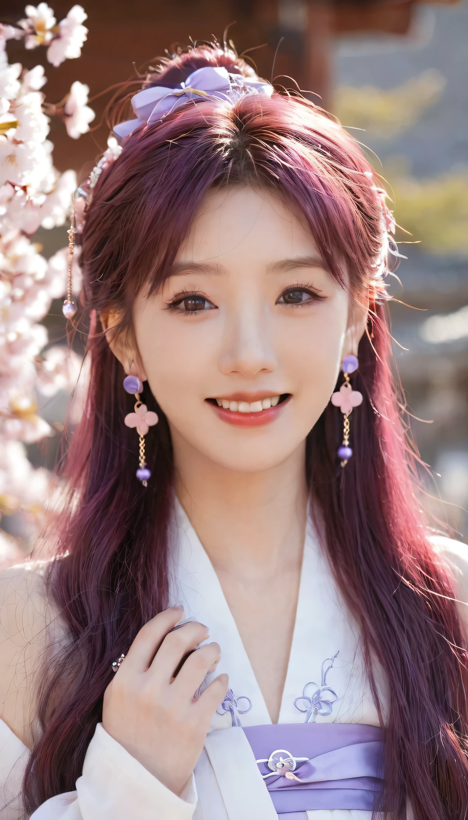 1 Girl, (ulzzang-6500:0.7), Korean Idol, Yae Yoshiko, Separate sleeves, Bare shoulders, Pink Hair, Long hair, Japanese clothes, best quality, (:1.5), (Hair accessories:1.35), Jewelry, Purple Eyes, earrings, breast, Torii, Cherry blossoms, lantern, Depth of Field, Delicate face, Face Focus, Ribbon_prune, (Looking at the audience:1.25), Unconventional witch, Glowing skin, Long sleeve, Smile, thick lips, Game CG, Put your hands on your lips, East Asian Architecture, (Blurred background:1.2), sit, Upper Body,