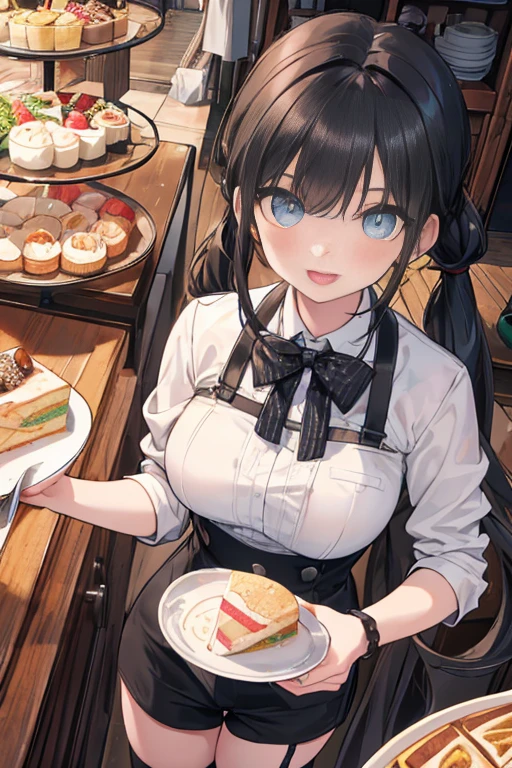 (dynamic angle:1.3, front view:1.1, breast focus:1.3, from above:1.1), (dynamic posing:1.2, sexy posing:1.2), (seductive smiling:1.3), ((looking at cake,Taking a cake out of the golden oven, worried about the outcome:1.2)),highest quality、(real、photorealistic:1.4),(ultra high resolution, 8K RAW photo, clear focus), best qualtiy, natural lighting, field depth, (Bright pupils, detailed beautiful eyes, high detailed face), Red lip, (tight focus:1.2), a girl 22yo old, Wearing a pastry chef uniform:1.3 , Thicc, thin breast, long hair, blue eyes,garter stocking, cleavage:1.2, midriff, black shorts, black thighhighs, thigh strap, pretty girl, (highly detailed beautiful face and eyes,firm breasts),real skin,((black,hair,long pony tail hair)),thin pubic hair,cute,lovely, detailed eyes,(double breasted:1.0,under bust:1.0),(with sparkling eyes and a contagious smile),open mouth, Looking at Viewer,A scene of cooking in the kitchen,looking at the golden oven
