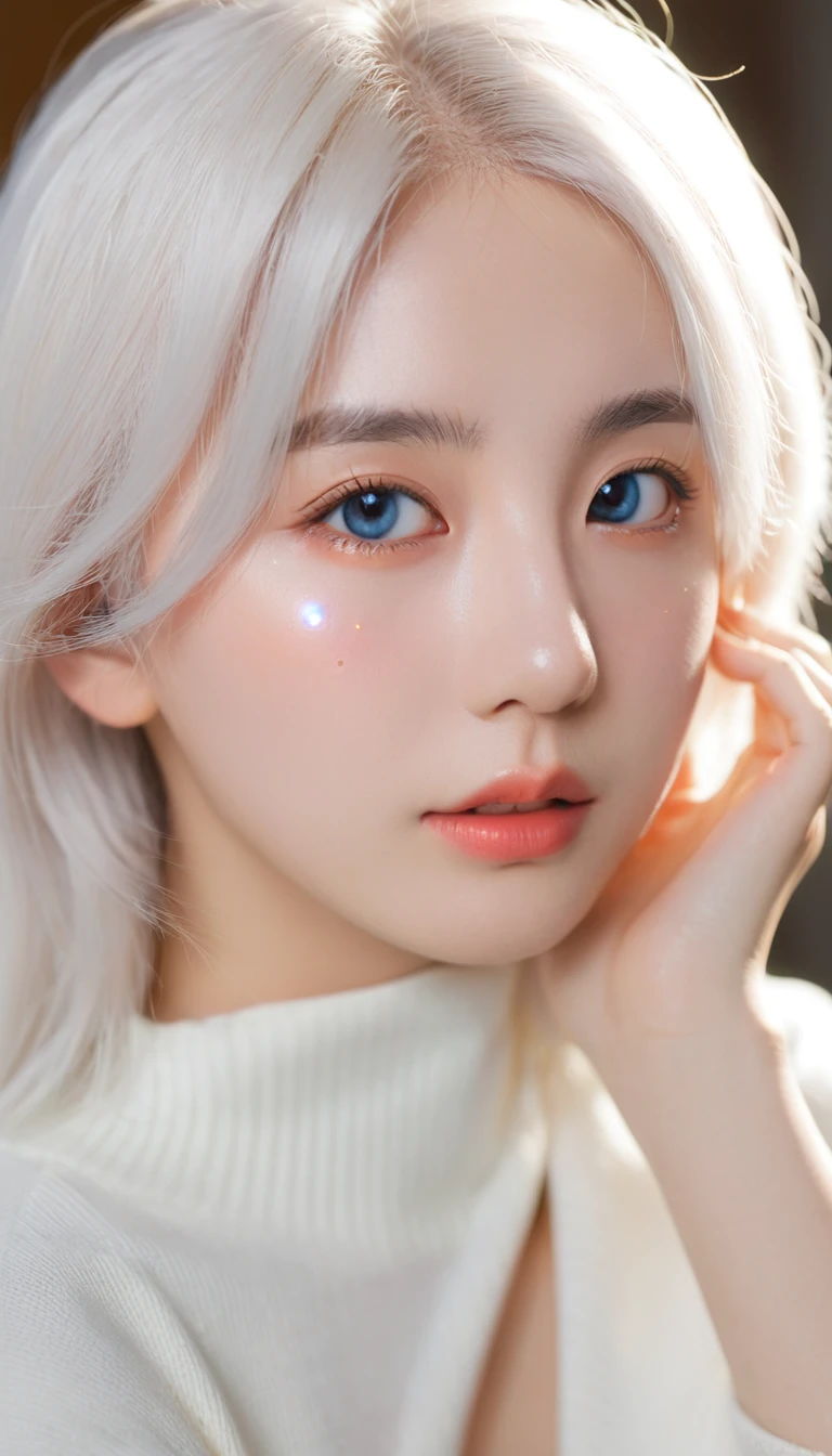 White hair, Moles under the eyes, Scleral mismatch, Heterochromia, blush, Shy, lol, bell, Ray Tracing, Divine Light, Backlight, Glowing lights, Anime style  