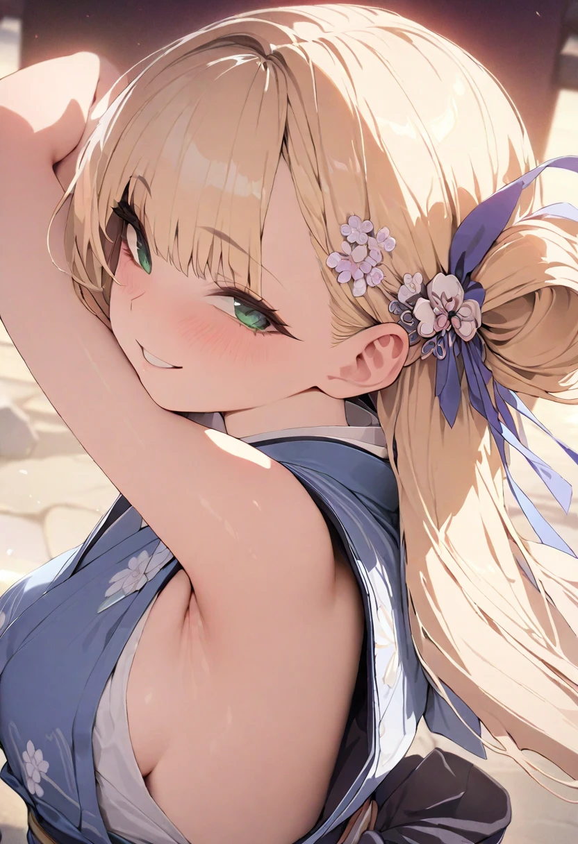 (((masterpiece: 1,5, best quality, high resolution, Super Resolution, Extremely detailed: 1,2, Rich background: 1,4))), (close up), (1 Girl), Solitary, Green Eyes, blonde long hair tied with blue Ribbon, Hair accessories, Bangs, Smile, High school girl, Medium breasts, ((Hands in the air)), Japanese clothes, (Blue short kimono), sandals, Ribbon, Heart, ((outdoor)), Cherry blossoms, (Tori Gates), Stone steps, Sky (afternoon), Cherry blossomss fall, ((Dramatic lighting: 1,3)), cloudy, (The scenery behind Mount Fuji)