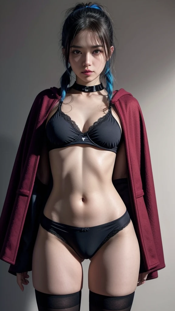 Create a high-quality, high-resolution (4K) image of a striking young woman with the following attributes:Hair: Blue hair styled in pigtails.Body: Thin physique with wide hips.Pubic Hair: Noticeable amount of pubic hair.Accessories: Wearing a collar around her neck.Top: Nipples covered only by tampons.Bottom: Dressed in tight thong panties.Outerwear: Draped in a cloak-style cape.Legwear: Wearing tight stockings on the thighs.Ensure the textures and details are of the highest quality, capturing the 4K resolution intricacies.