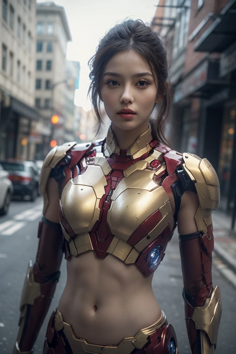 A girl wearing Iron Man armor，Exposing sexy belly,((cowboy shot))，Looking at the camera，Detailed facial features, beautiful eyes, Lips, and long eyelashes, Reality, 8K， Very detailed, Studio Lighting, Dramatic Lighting, Vibrant colors, work, City Streets，The abdomen is open，Showing belly，Sexy abdominal muscles