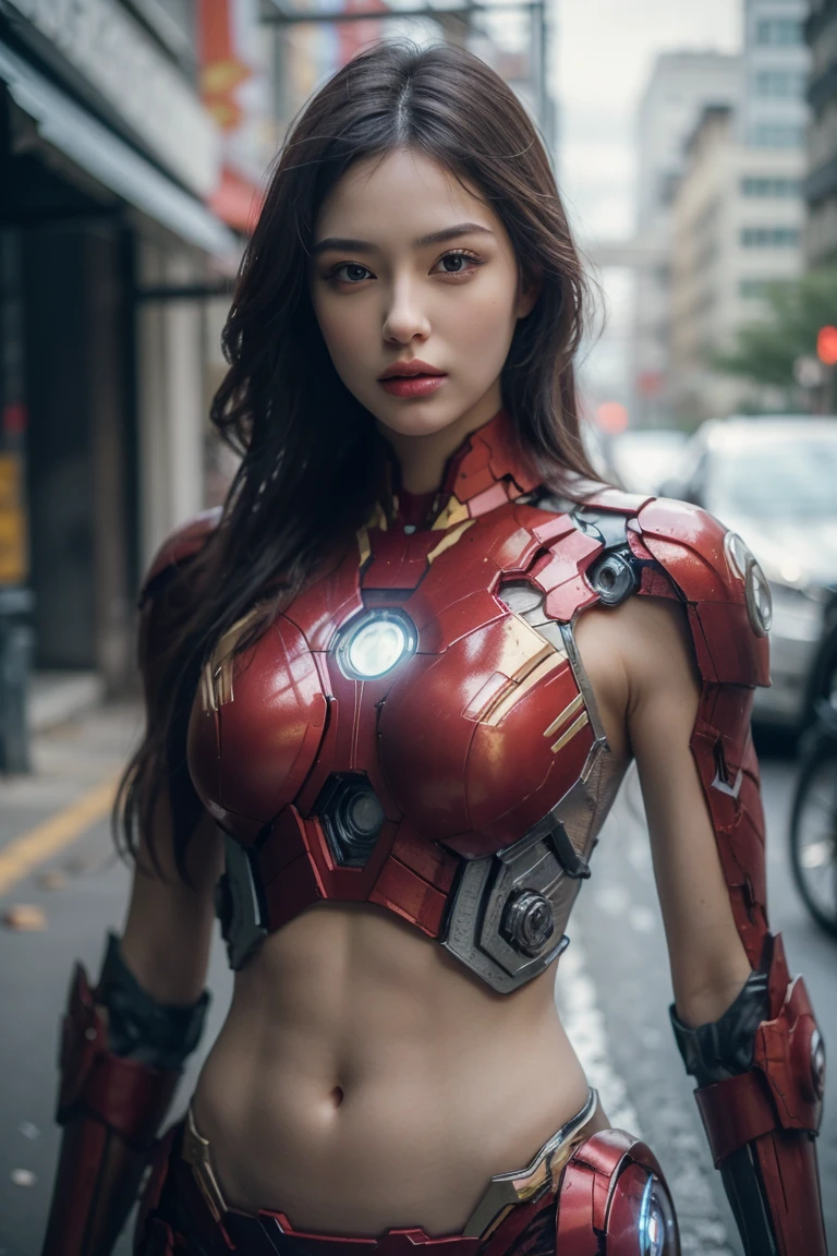 A girl wearing Iron Man armor,Exposing sexy belly,((cowboy shot)),Looking at the camera,Detailed facial features, beautiful eyes, Lips, and long eyelashes, Reality, 8K, Very detailed, Studio Lighting, Dramatic Lighting, Vibrant colors, work, City Streets,The abdomen is open,Showing belly,Sexy abdominal muscles