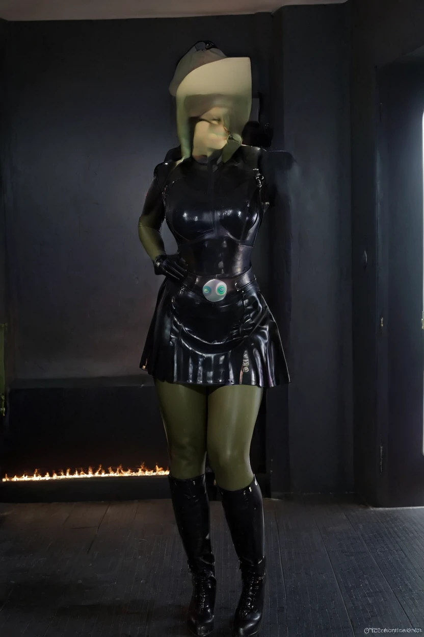 cinematic film still hera syndulla, (green skin:1.2), grin at canal, full body imperail officer wearing a black uniform with a skirt, standing in a dark interior, highly detailed, high budget Hollywood movie