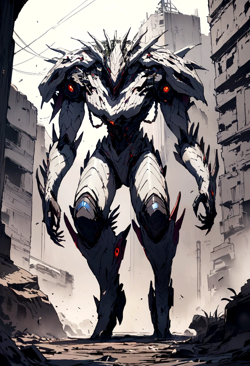 Full body cyber monster, walking head on in an apocalyptic place