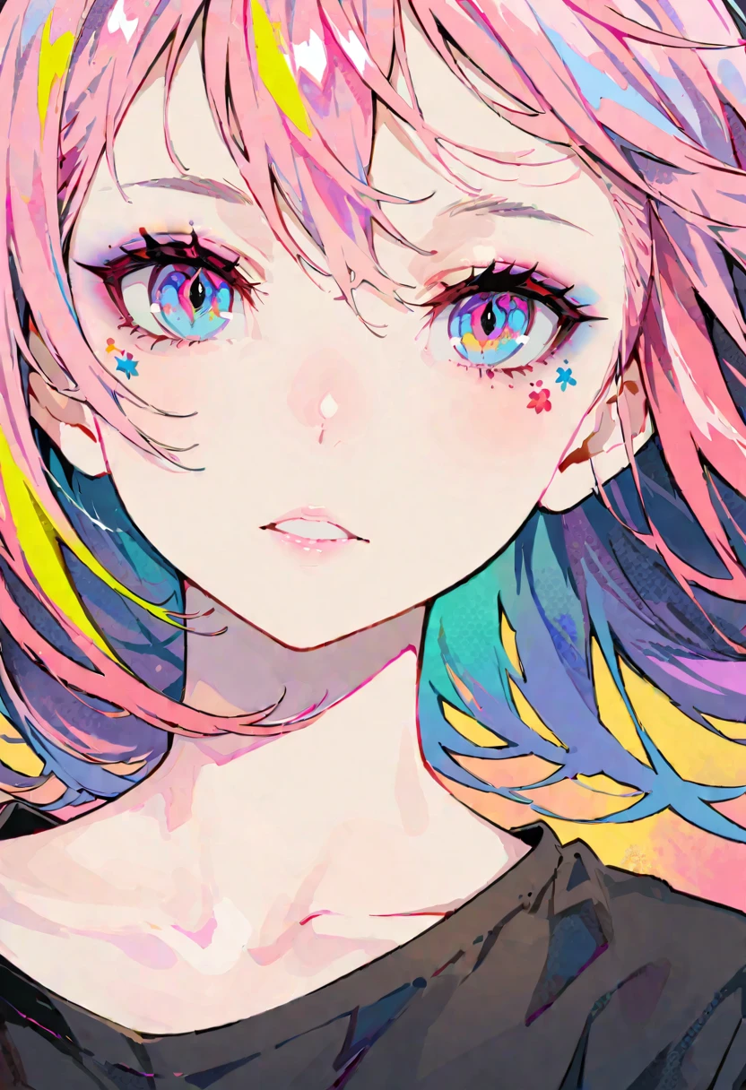 (masterpiece),(best quality:1.1),(Super detailed),Best Illustration,fine details,(portrait:1.1),(intense close-up),watercolor painting)floating,1 girl,alone,,Slim,(extremely delicate and beautiful face),(Detailed beautiful eyes),thick pink lips,(disheveled hair),(Wearing a black loose T-shirt),Soft and lazy,(Simple background:1.2)entire colorful background,Clear,4K