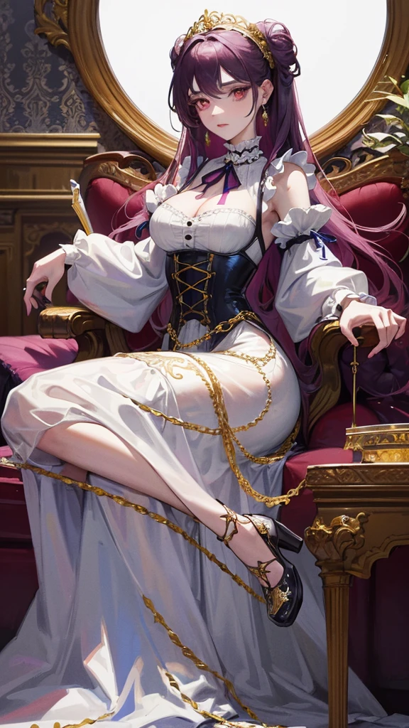 A young woman in a Victorian inspired outfit, with a mix of elegance and dark fantasy. She has long curly light-violet hair and piercing red eyes. Her outfit includes a white lolita dress with intricate blue and gold embroidery, adorned with blue roses and chains. She holds a scepter adorned with red gemstones and ornate designs. The overall style is dark, opulent, and slightly mysterious, set against a plain white background. Highly detailed and anime-style character art.