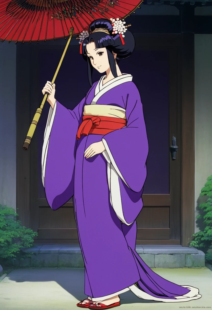 A Ghibli's studio character (2D). She have long black hair . She wears traditional oiran clothes purple and red. She is cold