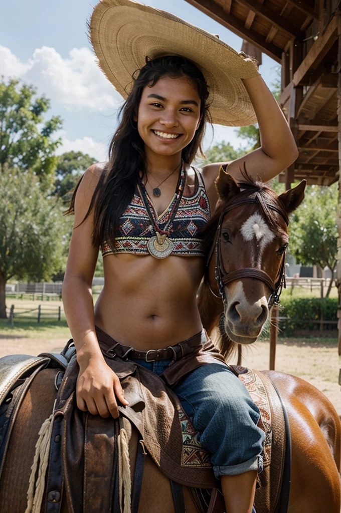 Indigenous 18 years old girl riding a horse, chuckle smile