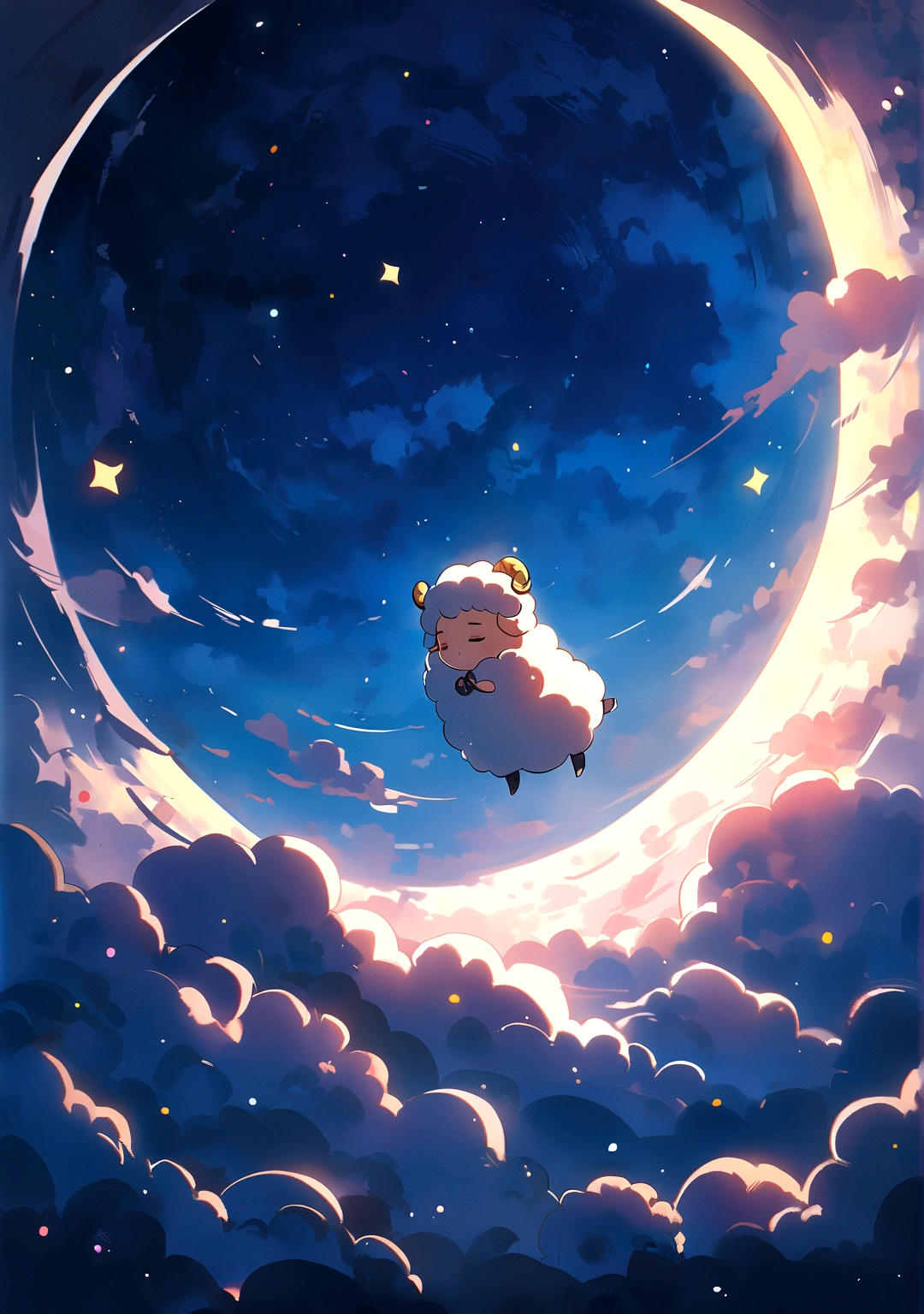 Very cute sleepy sheep on the moon, 