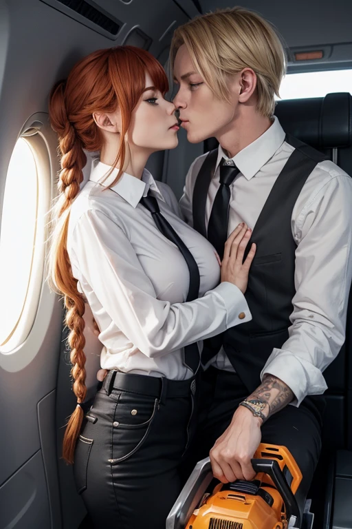 open mouth,(kiss),best quality, insanely detailed,1girl,1boy, sitting,in-flight and and (1boy:1.4) BLOND HAIR, denji (chainsaw man),and 1gir,makima (chainsaw man), best quality, ultra detailed, 1girl, , standing, red hair, long braided hair, golden eyes, bangs,, large boobs, stare, smile, (evil:1.2),, makima (chainsaw man),shirt, sidelocks, solo, uniform, white shirt, black necktie, black pants