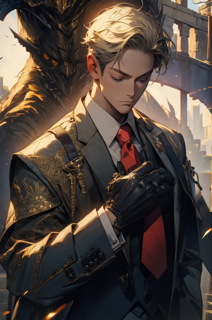 ((Masterpiece, best quality:1.2)), handsome Loid Forger, shirt, gloves, necktie, jacket, vest, pants, 8k resolution, 1man, mature male, quiet and charming young man, 25 years old, close his eyes, serious, closed mouth