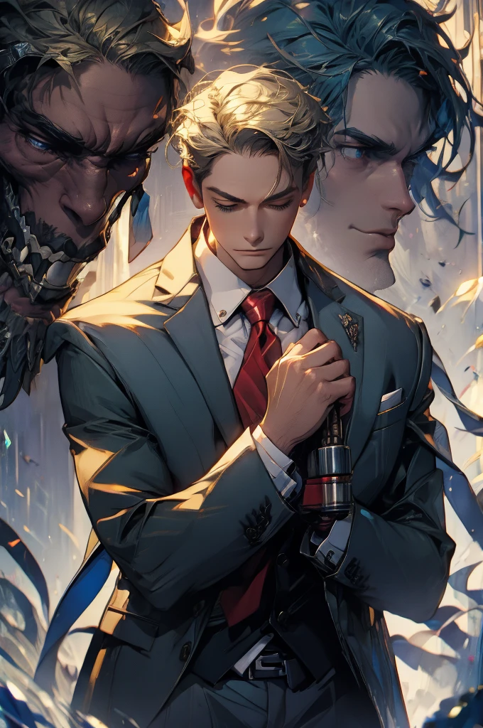 ((Masterpiece, best quality:1.2)), handsome Loid Forger, shirt, gloves, necktie, jacket, vest, pants, 8k resolution, 1man, mature male, quiet and charming young man, 25 years old, close his eyes, serious, closed mouth