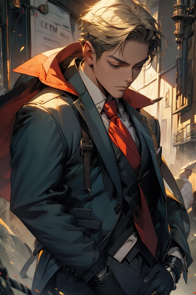 ((Masterpiece, best quality:1.2)), handsome Loid Forger, shirt, gloves, necktie, jacket, vest, pants, 8k resolution, 1man, mature male, quiet and charming young man, 25 years old, close his eyes, serious, closed mouth