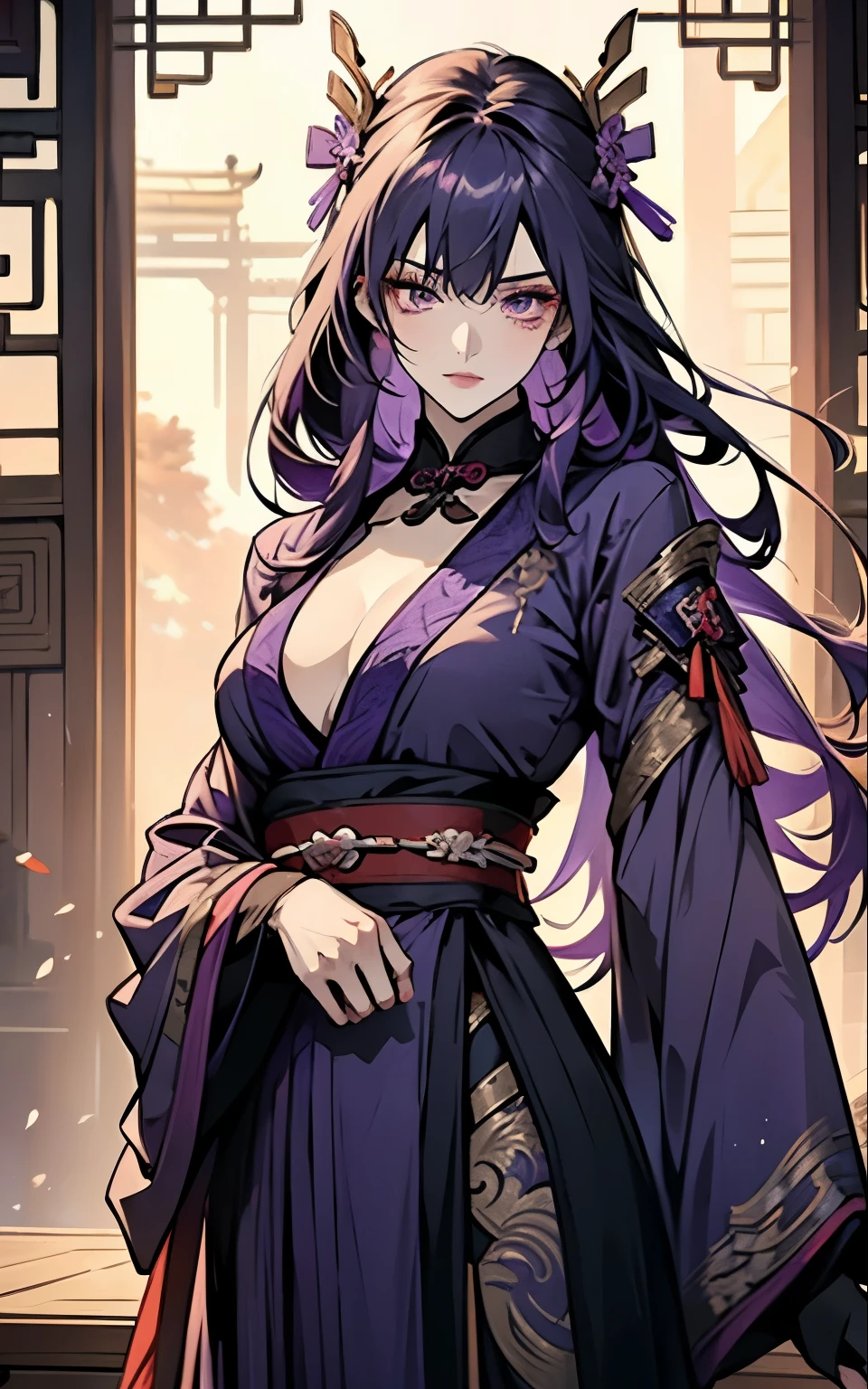 1 women, Raiden Shogun - genshin impact, long purple hair, violet eyes, violet chinese clothes, ultra long skirt, chinese room, portrait, sexy, uncovered chest tits
