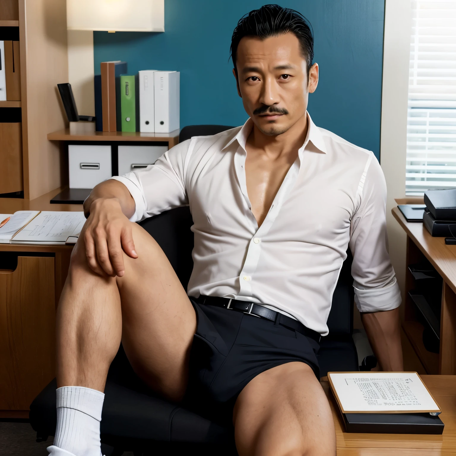 40 years old，Hidetoshi Nakata，（Kogoro Mori 1.3），male，Topless，（Black socks:1.2），Densely hairy，Bright，Raised，Fortitude，office，Suit，whole body，Fortitude，HD，With a mustache，