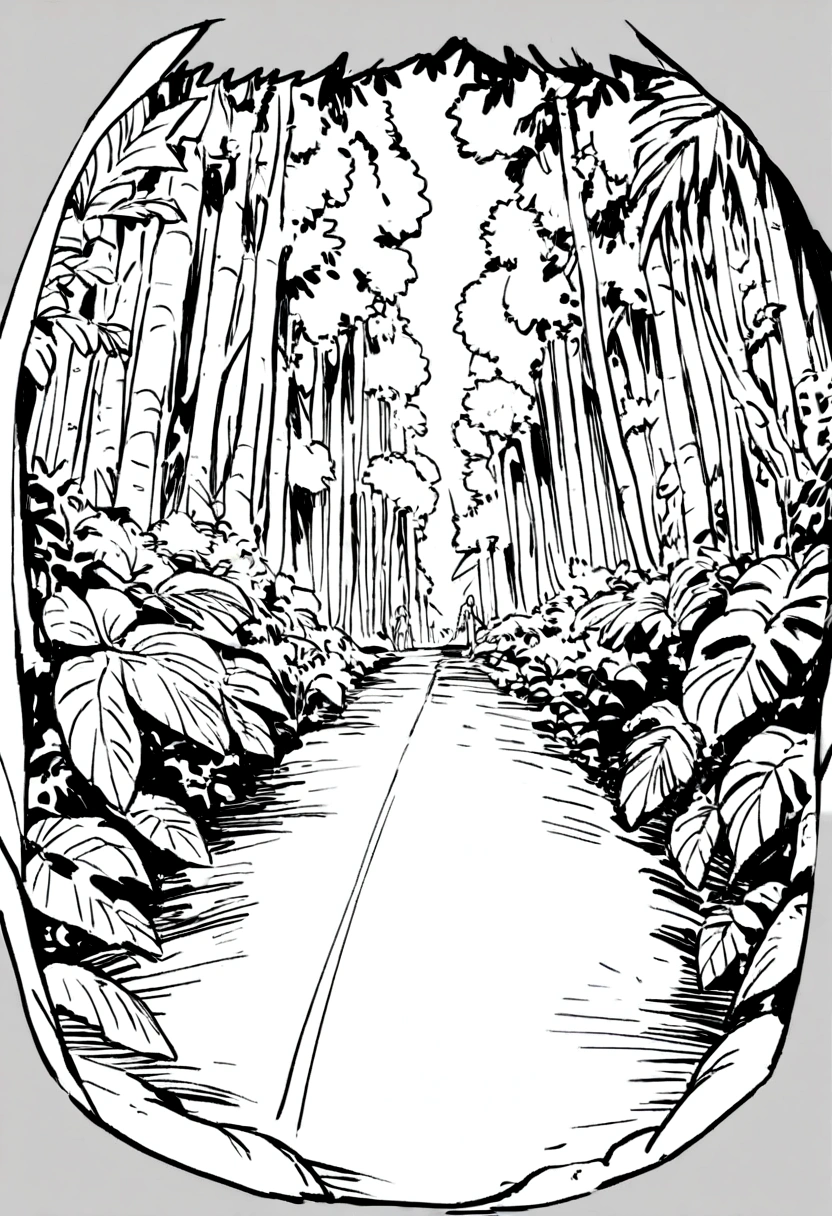 Rainforest,Two-point perspective composition,Black and white line drawing