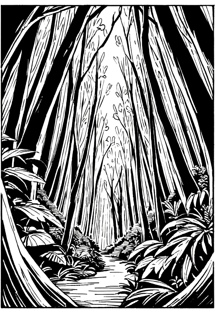 Rainforest,Two-point perspective composition,Black and white line drawing