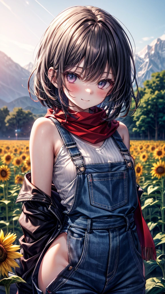 最high quality, masterpiece, High resolution, One girl, Sky Blue Overalls、Sunflower field background, Red scarf,Beautiful Face,On top of that_body, Rim Light,(Skin with attention to detail:1.2), 8K Ultra HD, Soft lighting, high quality, Volumetric lighting, High resolution, 4K, 8K, Bokeh,blush、Smirking face、Accentuate your butt、Place your arms behind your back at your waist、Half Up、Off the shoulder、Shiny Hair