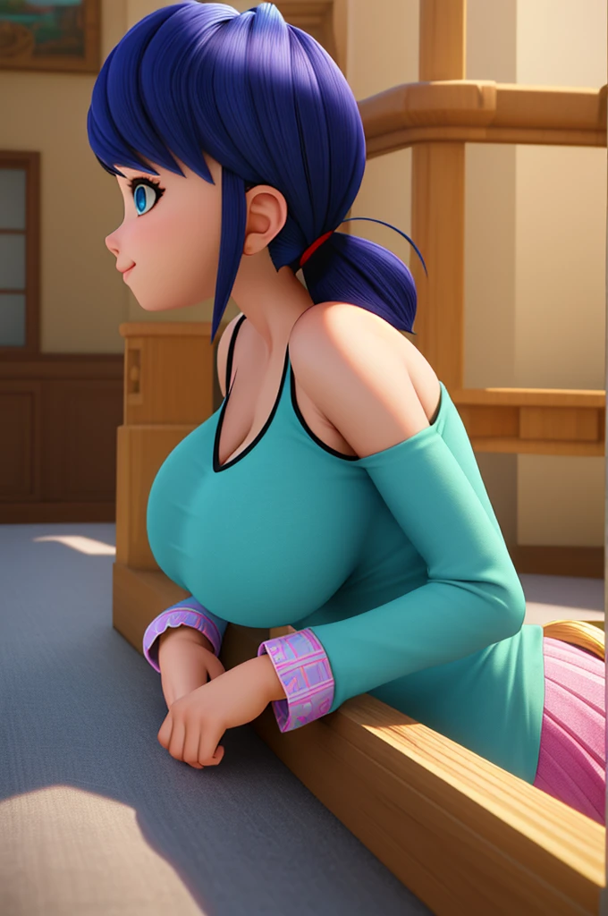 (8k, RAW photo, best quality, masterpiece:1.2), (intricate details), perfect eyes, perfect face, perfect lighting, beautiful, (masterpiece:1.2), (best quality:1.2), 1girl, Marinette, blue hair, ((hair in ponytails)), adult torso, 19 years old, slight smile, huge sized breasts, cowboy shot, 3DMM, laying down, side view,