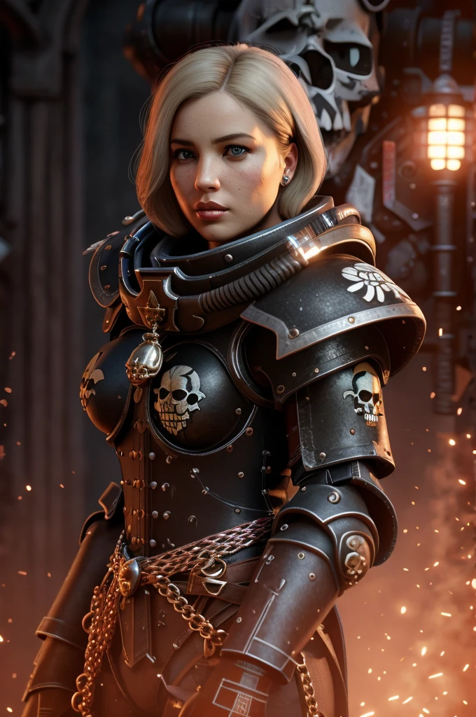 a highly detailed and realistic portrait of a beautiful blonde woman wearing power armor with a skull emblem, looking directly at the viewer, ultra-detailed, 8k, photorealistic, cinematic lighting, dramatic color palette, masterpiece, edg quality
