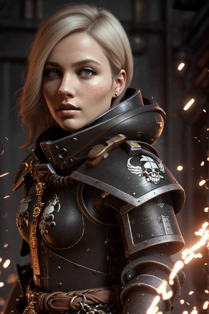 a highly detailed and realistic portrait of a beautiful blonde woman wearing power armor with a skull emblem, looking directly at the viewer, ultra-detailed, 8k, photorealistic, cinematic lighting, dramatic color palette, masterpiece, edg quality
