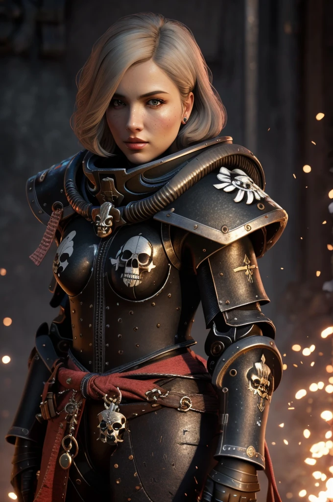 a highly detailed and realistic portrait of a beautiful blonde woman wearing power armor with a skull emblem, looking directly at the viewer, ultra-detailed, 8k, photorealistic, cinematic lighting, dramatic color palette, masterpiece, edg quality