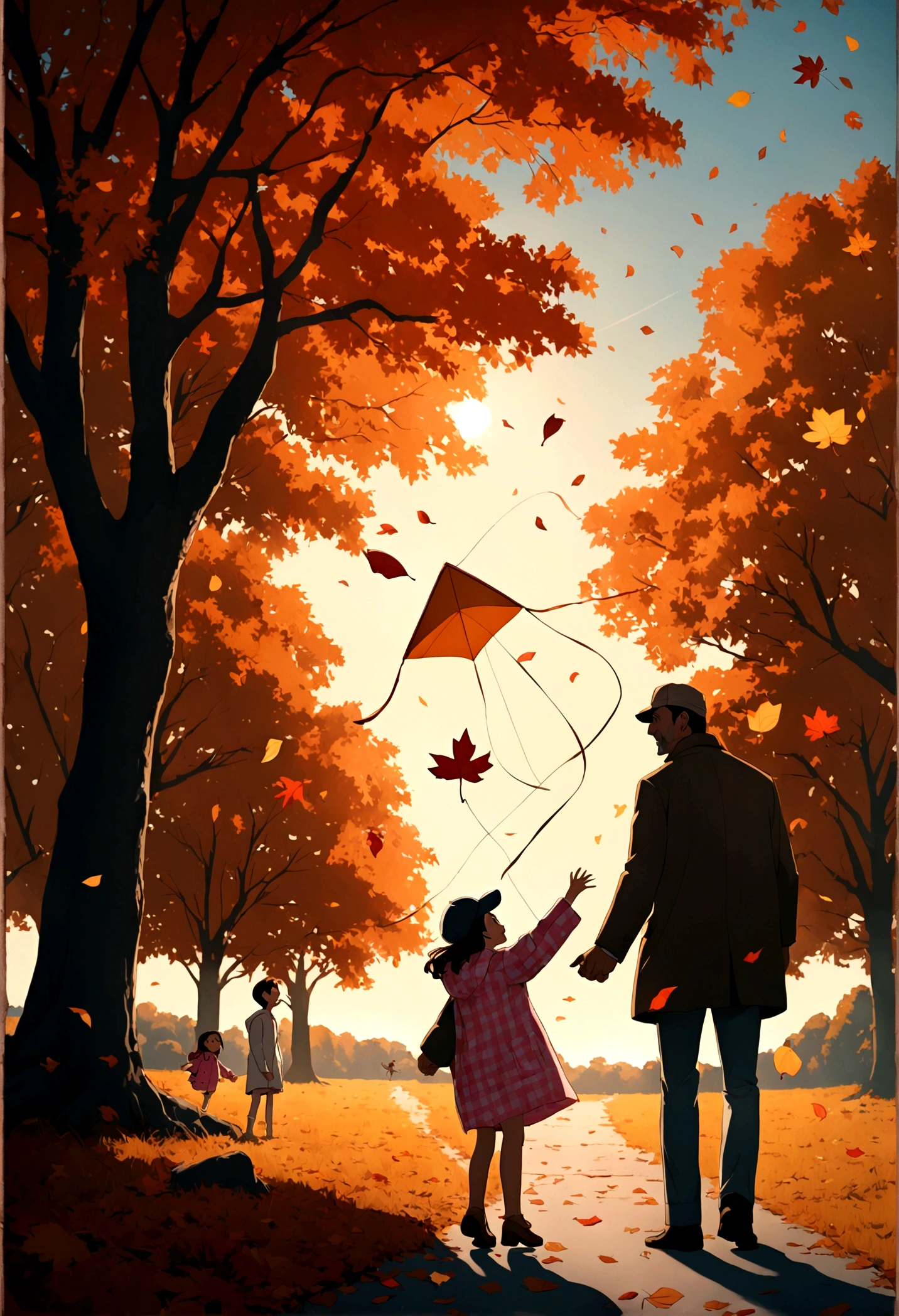 Father and Daughter, A heartwarming scene of a father figure and a child in an autumnal park. A gentle man with gray stubble, in a checkered coat and cap, teaches a jubilant girl in a pink raincoat to fly a kite. Their cheerful expressions and colorful clothing brighten the fallen leaves around them. Cinematic film still, shot on v-raptor XL, film grain, vignette, color graded, post-processed, cinematic lighting, 35mm film, atmospheric, a masterpiece, epic, stunning, dramatic, masterpiece, best quality, very aesthetic, absurdres