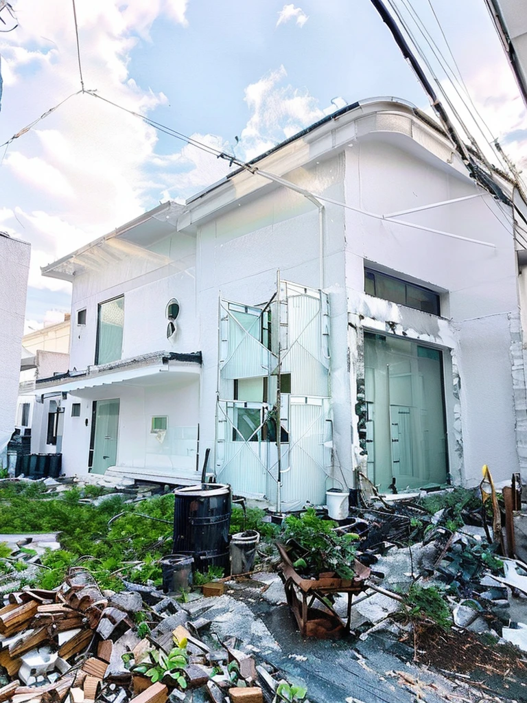 Modern townhouse, with black railings, decorative plant pots, high image quality, wood-colored tempered glass doors, milky white paint