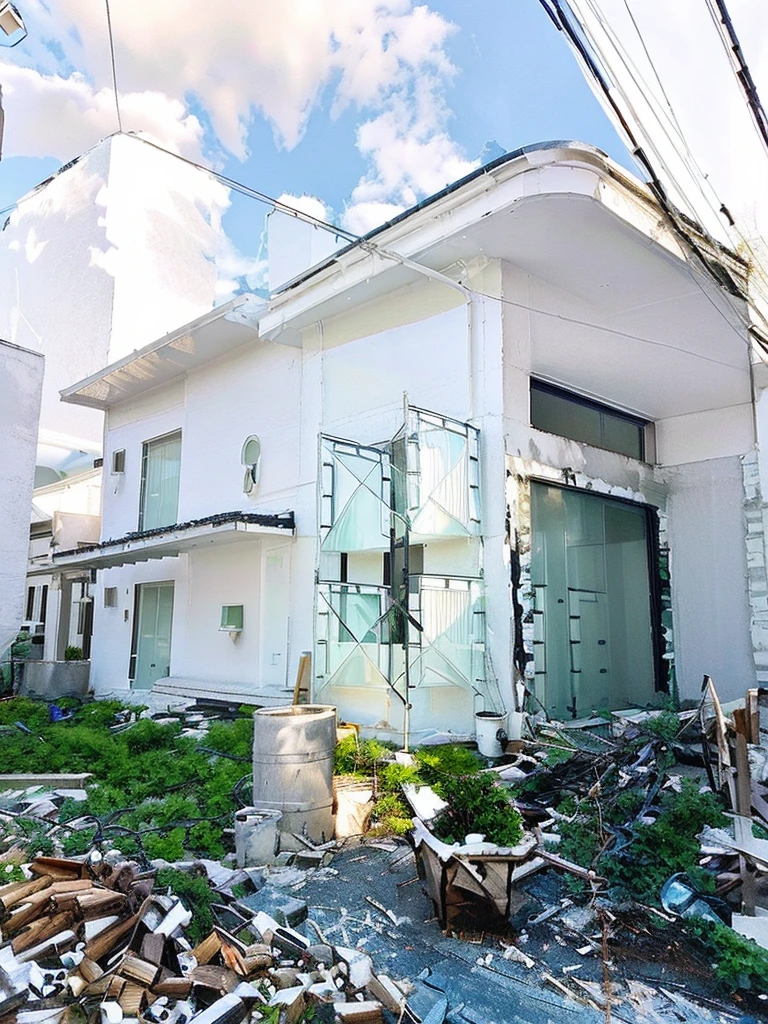 Modern townhouse, with black railings, decorative plant pots, high image quality, wood-colored tempered glass doors, milky white paint