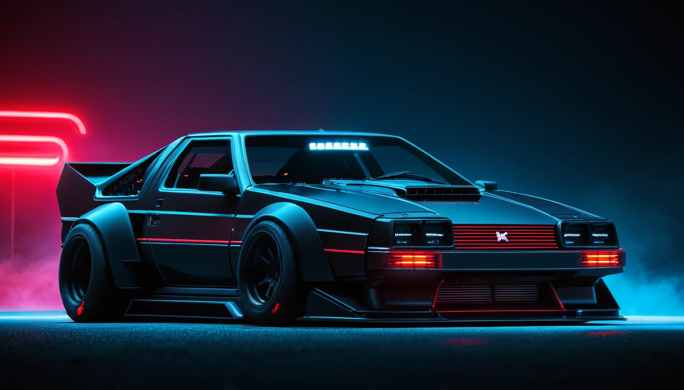 (intrincated details:1.2), (photorealistic), (masterpiece), (photography),  cinematic lighting, 
KITT cyberpunk, car,,  wide tyres,, no humans, scenery, solo, vehicle focus, night time, , neon lights,side view,  headlights, frontal 3/4 view, wheels outside the body,