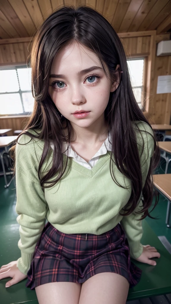 a young girl, big green eyes, round face, small nose, big lips, long purple hair, long eyelashes, pale skin, red cheeks, split chin, Green plaid skirt, long-sleeved white blouse, high socks, school shoes, in class room, in school, more students, naughty face, f/16, Canon, Fujicolor, ray tracing, from above, 16k, 8k, highres, best quality, award winning, high quality, high details, super detail, textured skin, anatomically correct, masterpiece, accurate