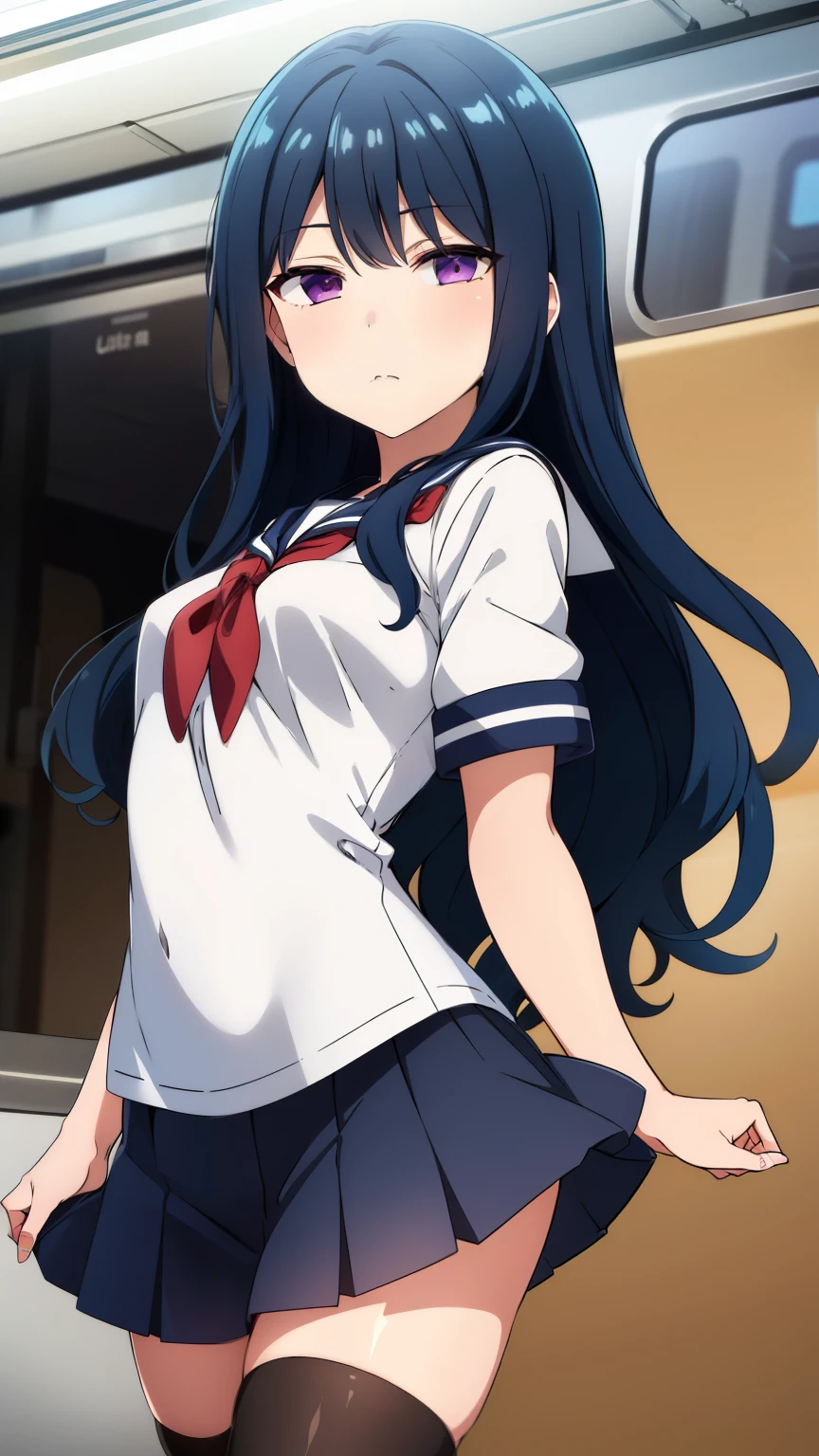 (masterpiece, best quality, high resolution, 8k:1.2),anime art style, nozaki yuu,anime, girl１people, small breasts, (narrowed eyes, eyes half-closed, jitome, rolling eyes :1.2),(eye light: 1.2),closed mouth, blue hair, very long hair, (wavy hair:1.2), purple eyes, beautiful eyes, highly detailed face, Detailed CG, expressionless, solo,((Sailor uniform, summer uniform, short sleeves, mini skirt, tights, inside the train)), standing, looking at the viewer, in the center of the image, dynamic poses, dynamic angles,