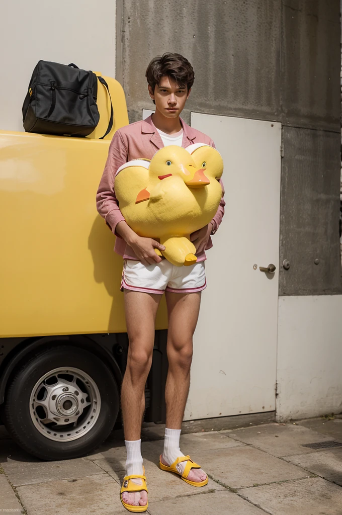 Boy 19 years old with an elegant black blazer, and pink shorts with yellow ducks and slippers on my feet