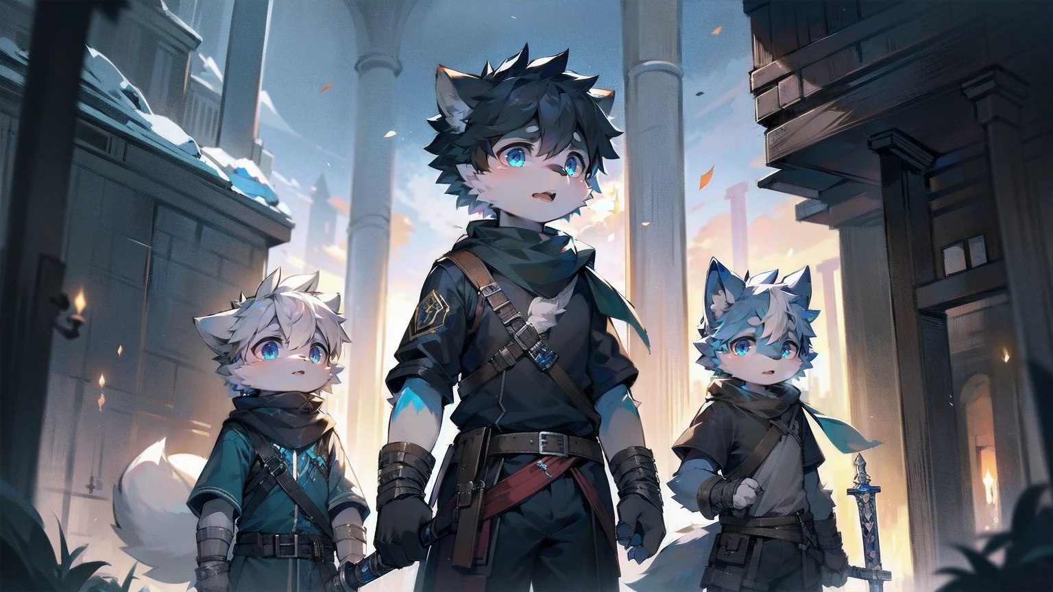 Wolf,juvenile,male,Gray-black fur,Sky blue eyes,Black combat uniform,scarf,Holding a long sword,scabbard,Draw the sword,permanent,The only one,dawn,illumination,Break,bust