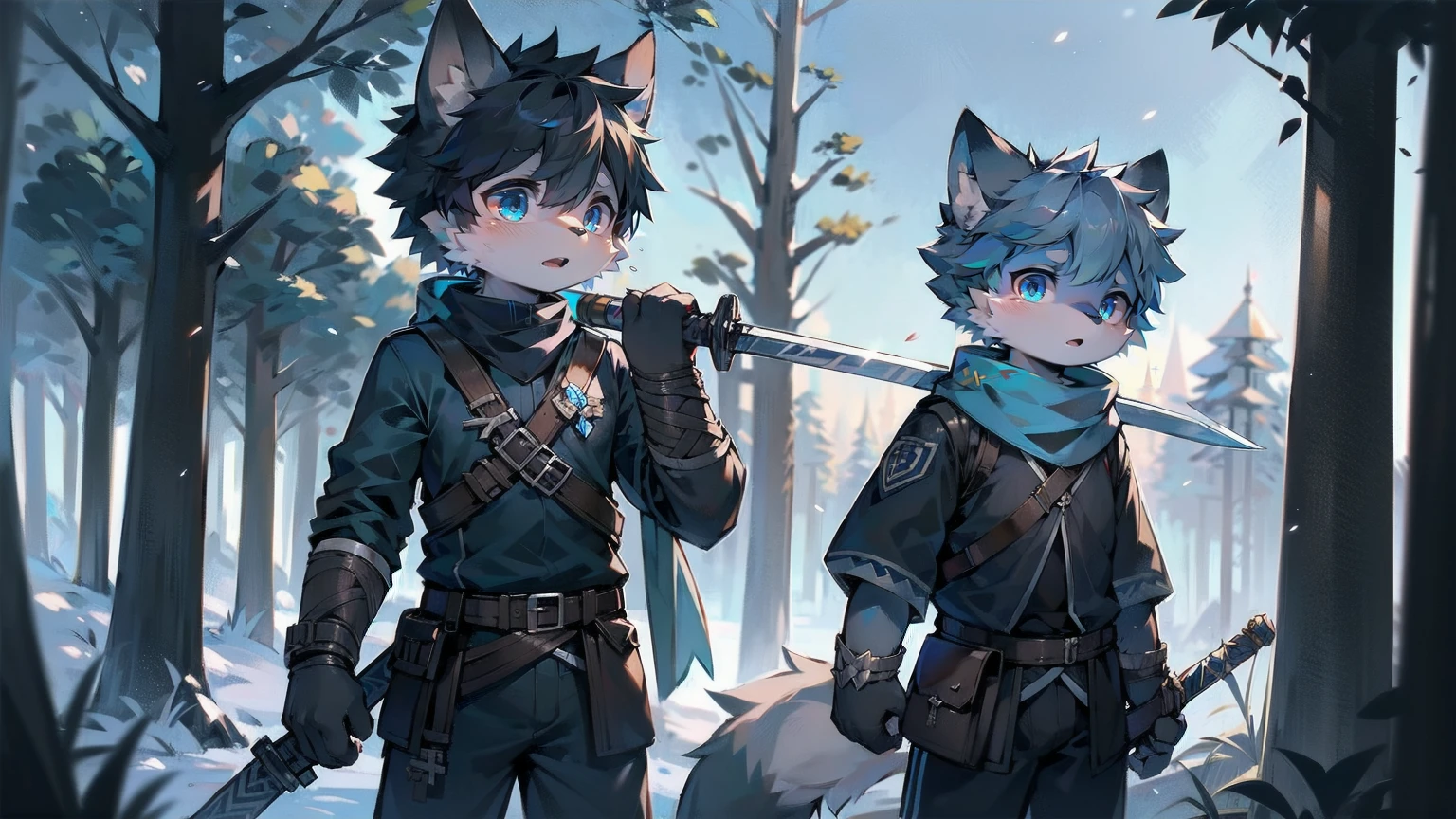 Wolf，juvenile，male，Gray-black fur，Sky blue eyes，Black combat uniform，scarf，Holding a long sword，scabbard，Draw the sword，permanent，The only one,dawn，illumination，Break，bust