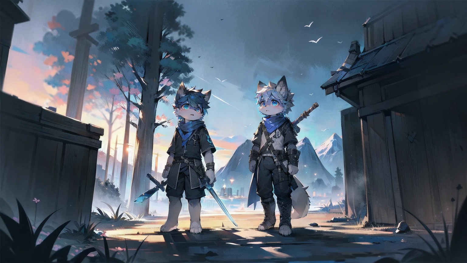 Wolf,juvenile,male,Gray-black fur,Sky blue eyes,Black combat uniform,scarf,Holding a long sword,scabbard,Draw the sword,permanent,The only one,dawn,illumination,Break,bust