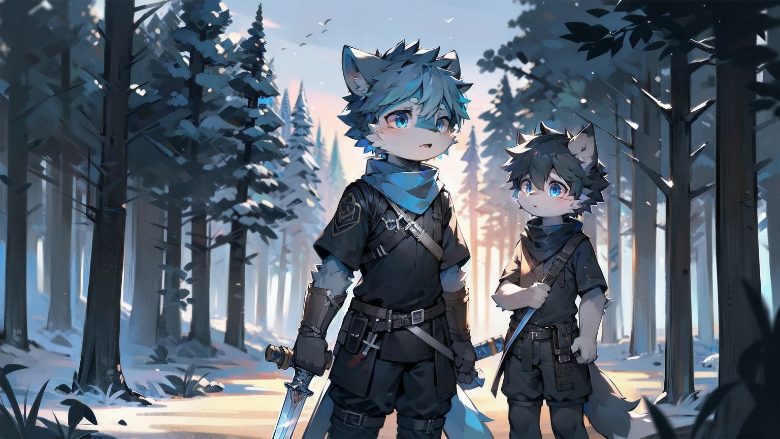 White Wolf,black hair,Sky blue eyes,hairy,Wolf ears,Wolf tail,Full body portrait,The character is in the center of the frame,Handsome,Confident eye***but,juvenile,Black and white combat uniform,Red neck bib,Black shorts,Short sleeve,hairy arms and legs,Dark background,Dark battlefield,dawn,sunrise,dawn,illumination,shadow,Swordsman,Scabbard and Hold the hilt of a in your hand,The scabbard is at the waist,Highest quality,A tall stature