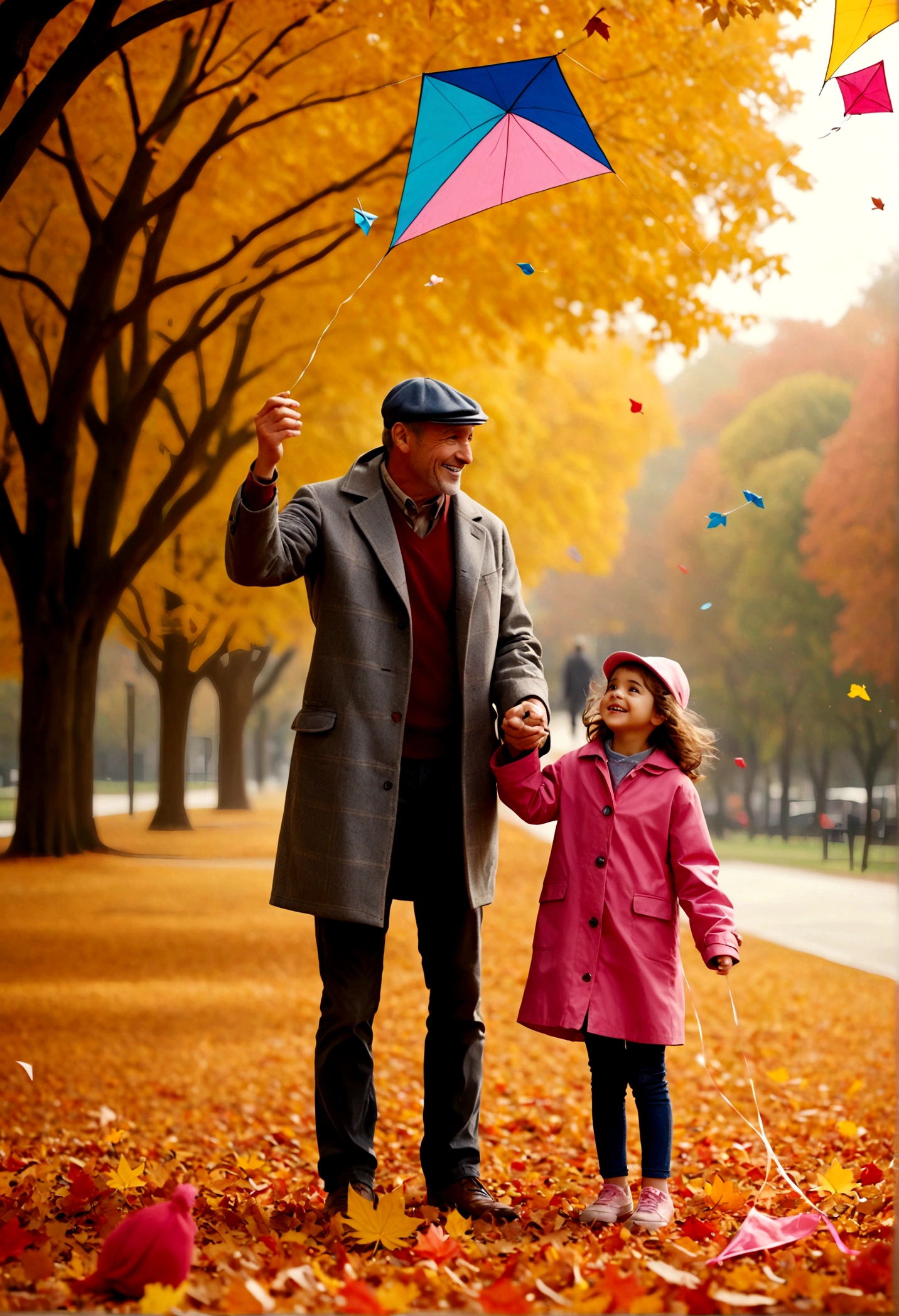 Father and Daughter, A heartwarming scene of a father figure and a child in an autumnal park. A gentle man with gray stubble, in a checkered coat and cap, teaches a jubilant girl in a pink raincoat to fly a kite. Their cheerful expressions and colorful clothing brighten the fallen leaves around them. Cinematic film still, shot on v-raptor XL, film grain, vignette, color graded, post-processed, cinematic lighting, 35mm film, atmospheric, a masterpiece, epic, stunning, dramatic, masterpiece, best quality, very aesthetic, absurdres