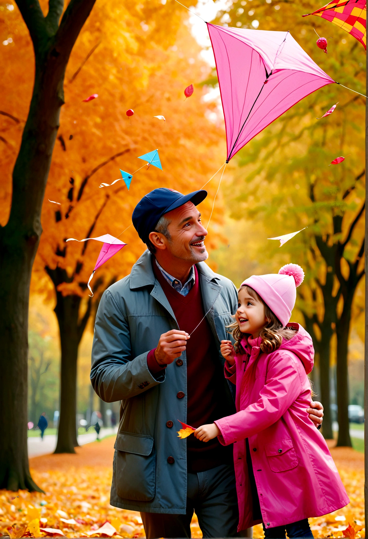 Father and Daughter, A heartwarming scene of a father figure and a child in an autumnal park. A gentle man with gray stubble, in a checkered coat and cap, teaches a jubilant girl in a pink raincoat to fly a kite. Their cheerful expressions and colorful clothing brighten the fallen leaves around them. Cinematic film still, shot on v-raptor XL, film grain, vignette, color graded, post-processed, cinematic lighting, 35mm film, atmospheric, a masterpiece, epic, stunning, dramatic, masterpiece, best quality, very aesthetic, absurdres