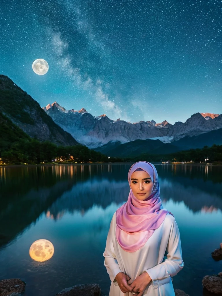 A very starry night. Big moon behind the mountains. The calm lake reflects the night. a beautiful Korean woman in hijab, white long shirt, graceful standing pose, sad expression, abdurrahnman saleh, realistic scene, detail, Photorealism, 16k