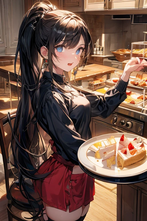 (dynamic angle:1.3, front view:1.1, breast focus:1.3, from above:1.1), (dynamic posing:1.2, sexy posing:1.2), (seductive smiling:1.3), ((looking at cake,Taking a cake out of the golden oven, worried about the outcome:1.2)),highest quality、(real、photorealistic:1.4),(ultra high resolution, 8K RAW photo, clear focus), best qualtiy, natural lighting, field depth, (Bright pupils, detailed beautiful eyes, high detailed face), Red lip, (tight focus:1.2), a girl 22yo old, Wearing a pastry chef uniform:1.3 , Thicc, thin breast, long hair, blue eyes,garter stocking, cleavage:1.2, midriff, black shorts, black thighhighs, thigh strap, pretty girl, (highly detailed beautiful face and eyes,firm breasts),real skin,((black,hair,long pony tail hair)),thin pubic hair,cute,lovely, detailed eyes,(double breasted:1.0,under bust:1.0),(with sparkling eyes and a contagious smile),open mouth, Looking at Viewer,A scene of cooking in the kitchen,looking at the golden oven
