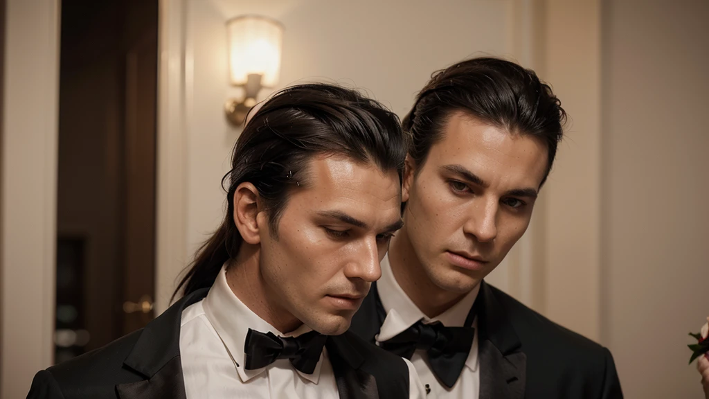 cinematic, low angle shot, man, mature, tall, tnin, black hair, slick back hair with side part, clean shaven, scar on right cheek, wearoff-white dinner jacket, white dress shirt, black silk bow tie, red rose boutonniere, drinks marthini, on party in casino, evening