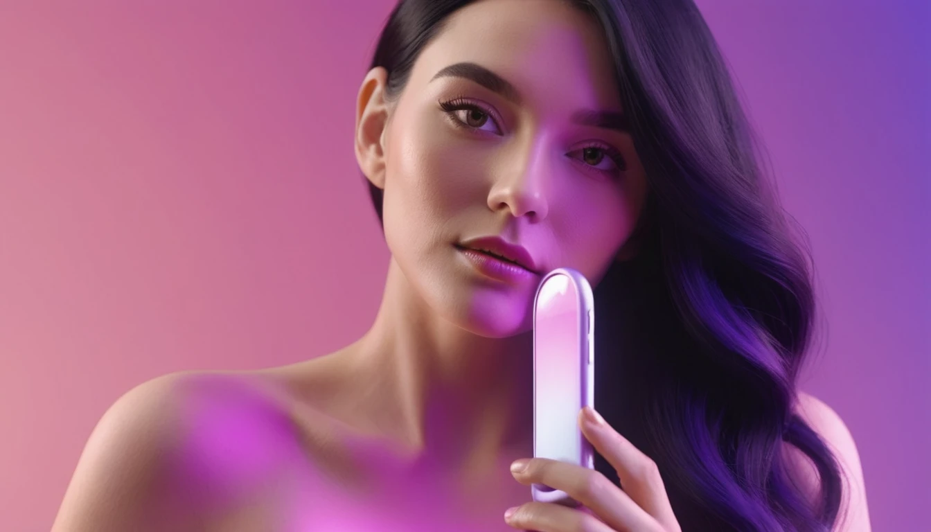 woman holds smartphone in her hand, naked european woman holding a dildo and smartphone that is glowing with pink and purple colours, in front of blackhair man, we can see their face close, closeup, minimalistic, in a light purple and pink style, with soft edges and blurred details, in the toycore style, with a 3D render, on a colorful background, with a minimalist stage design, in a surreal style, with a cinema4D rendering, with a minimalist style, with low saturation, using gradient colors, with a cinema4D rendering, with a blender rendering, with super detail, at a super high resolution, at a super high definition
