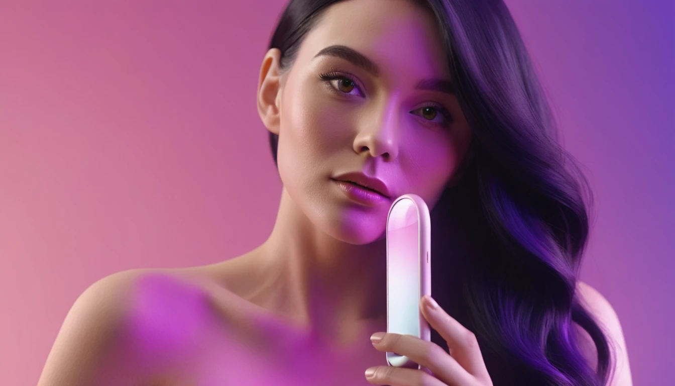 woman holds smartphone in her hand, naked european woman holding a dildo and smartphone that is glowing with pink and purple colours, in front of blackhair man, we can see their face close, closeup, minimalistic, in a light purple and pink style, with soft edges and blurred details, in the toycore style, with a 3D render, on a colorful background, with a minimalist stage design, in a surreal style, with a cinema4D rendering, with a minimalist style, with low saturation, using gradient colors, with a cinema4D rendering, with a blender rendering, with super detail, at a super high resolution, at a super high definition
